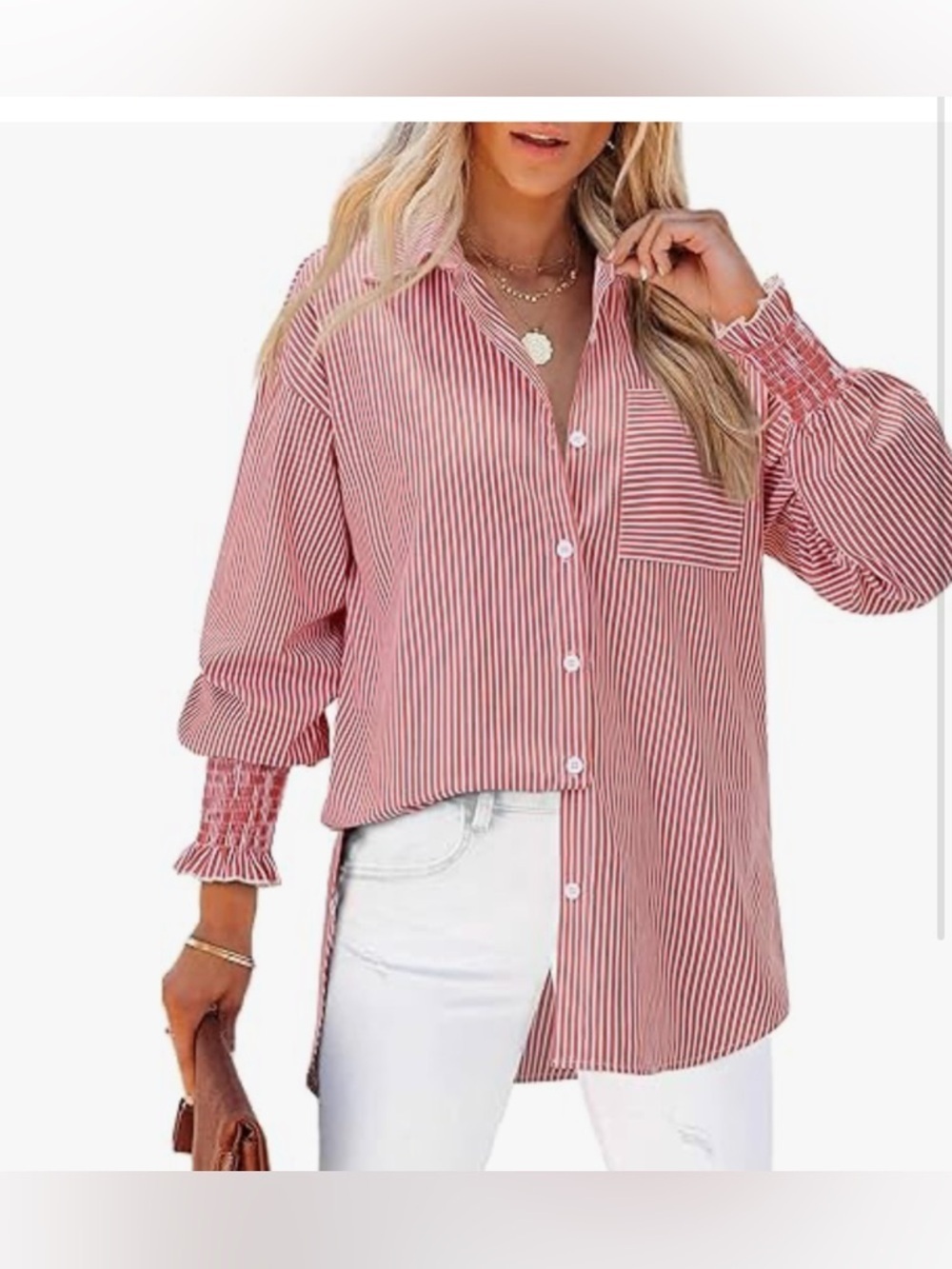 NWT-2XL Button Down
Red Striped Smocked Cuff Long Sleeve
Pocket Casual Collar